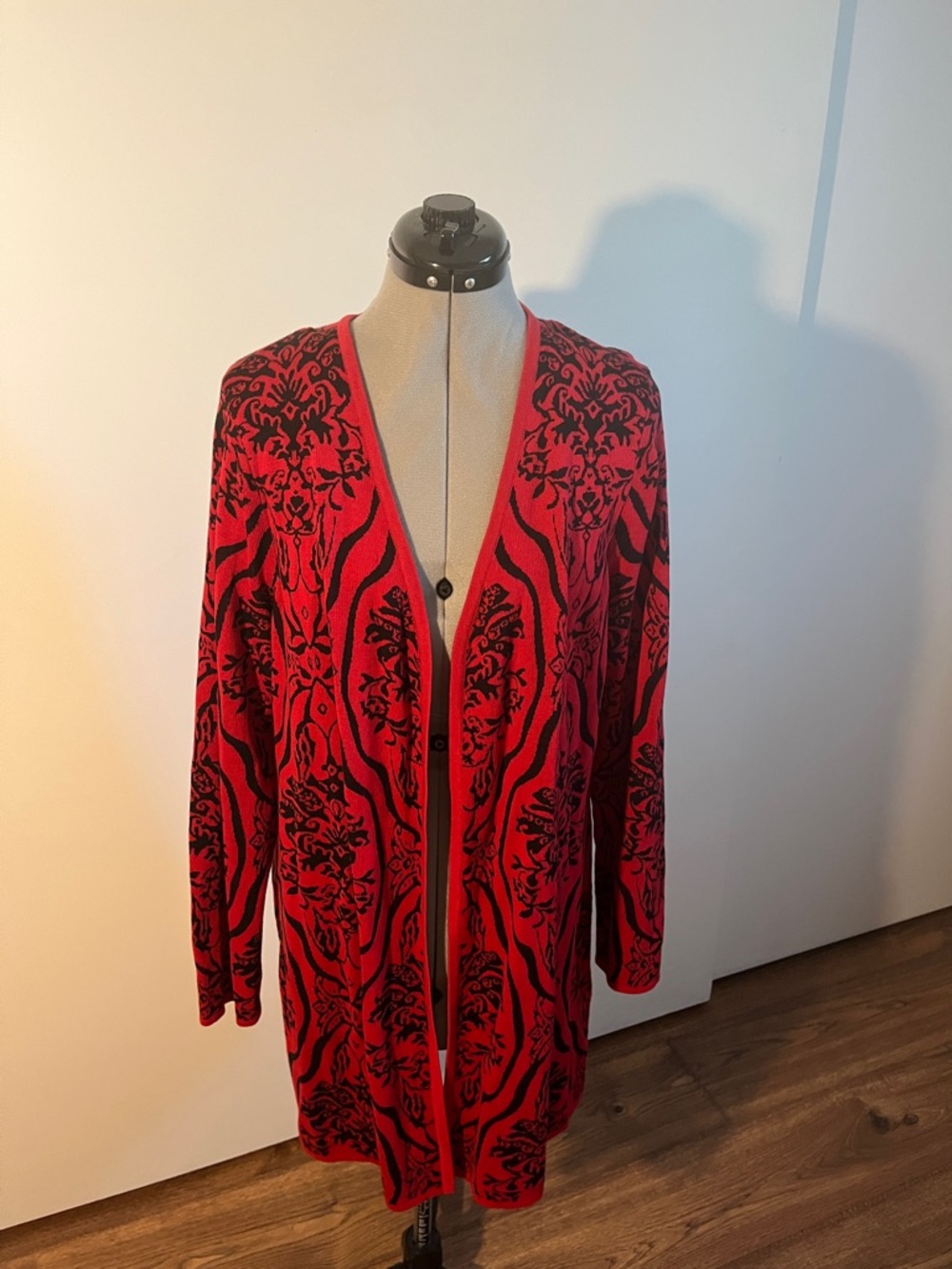 JM Collection Red and Black Open-Front Patterned Cardigan